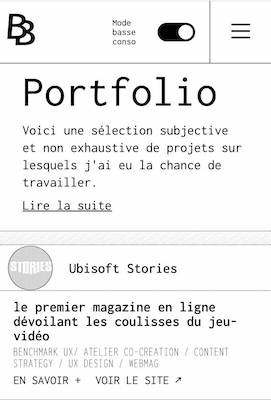 Capture écran rubrique Portfolio site BB Corp sur mobile