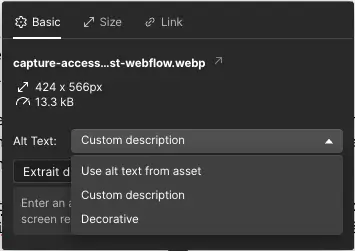 Paramétrage d'un visuel dans Webflow