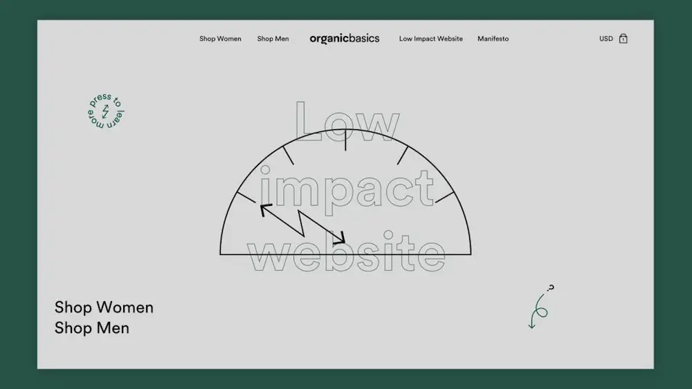 Capture de la page d'accueil de l'e-boutique à faible impact d'Organic Basics (2022)