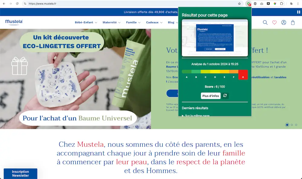 Capture de la page d'accueil du site mustela.fr avec affichage de l'Ecoindex